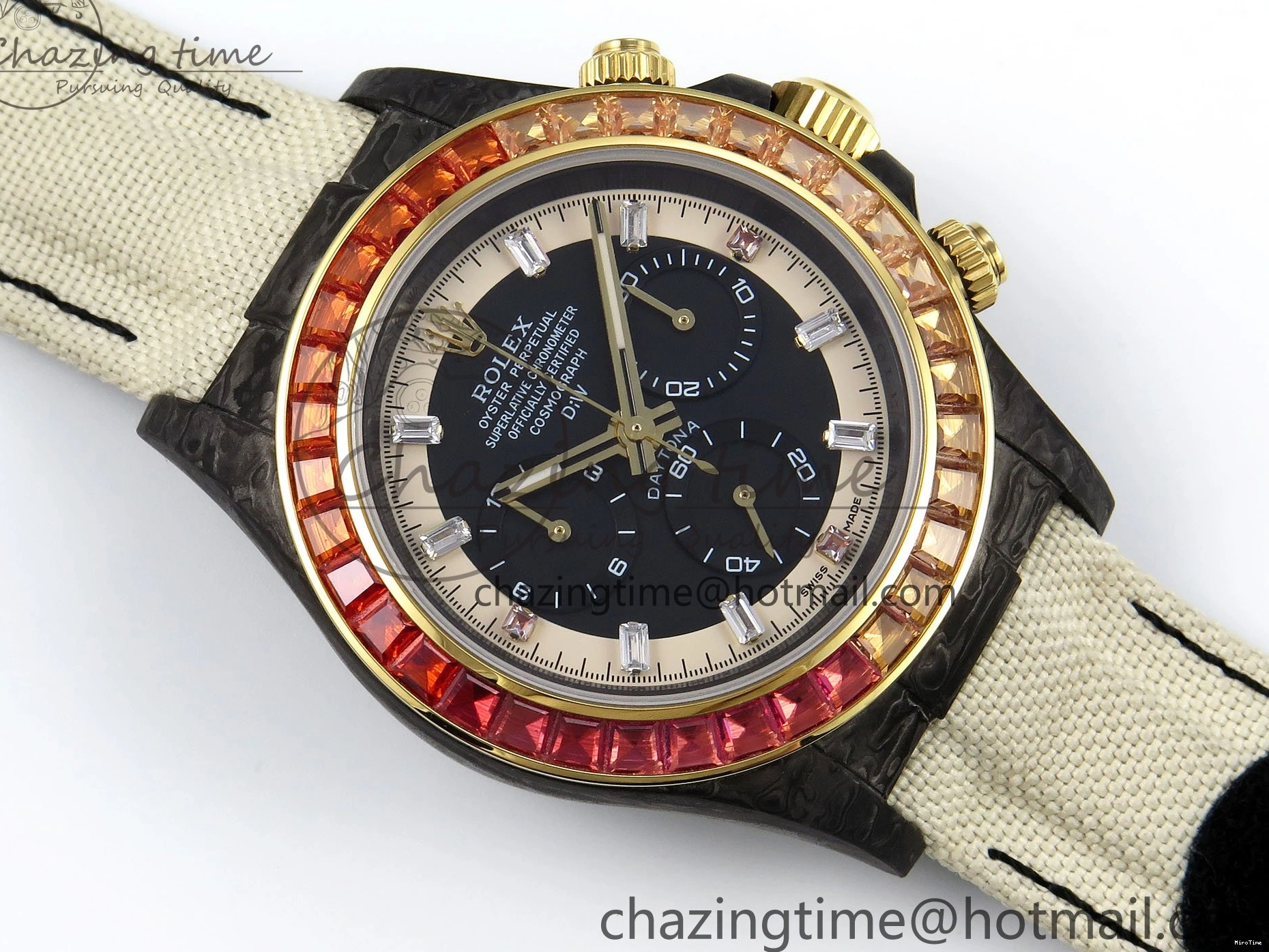 MiroTime 0504 Refined Daytona DIW Carbon Case DIWF Edition Black White Dial Orange Diamonds Bezel on White Nylon Strap A 1668